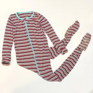 size 6 Kickee Pants coverall red green striped one piece zipper romper footie (h